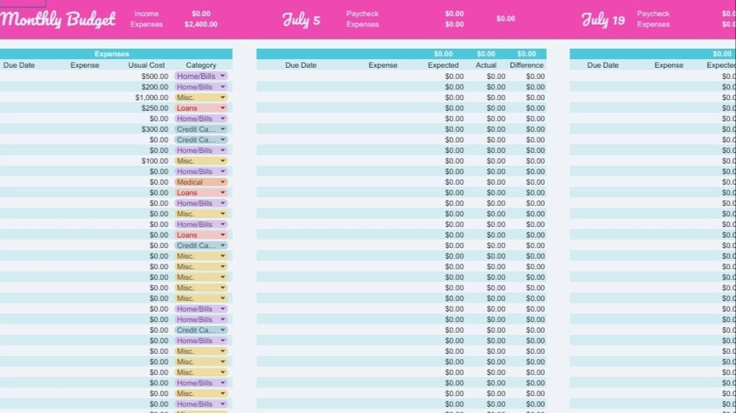 Monthly Budget with Paycheck Planner