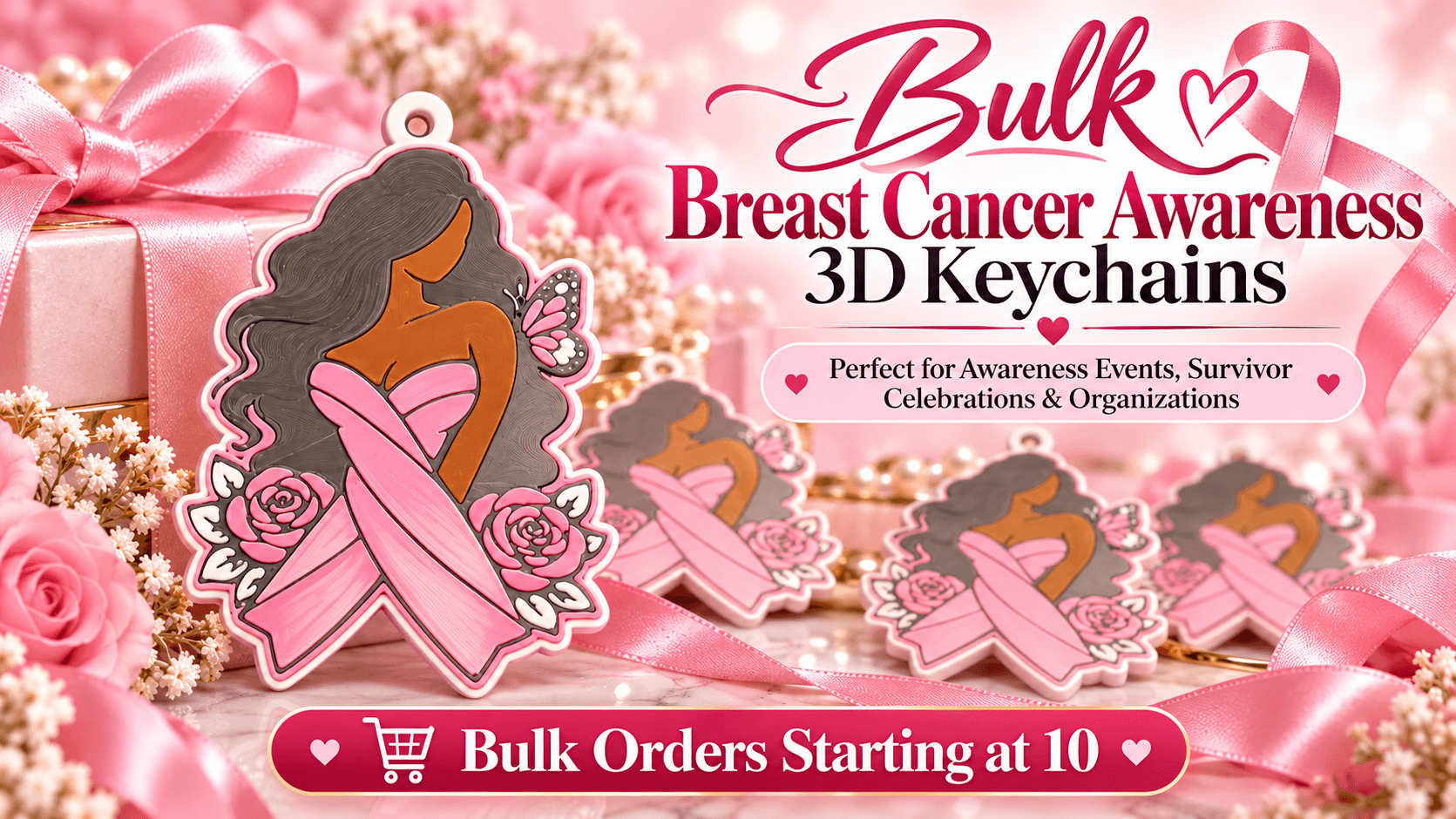 Bulk Breast Cancer Awareness 3D Keychains