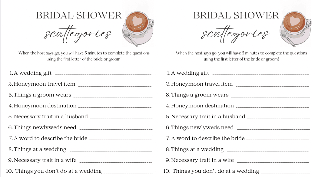 Bridal Shower Scattegories (EDITABLE)