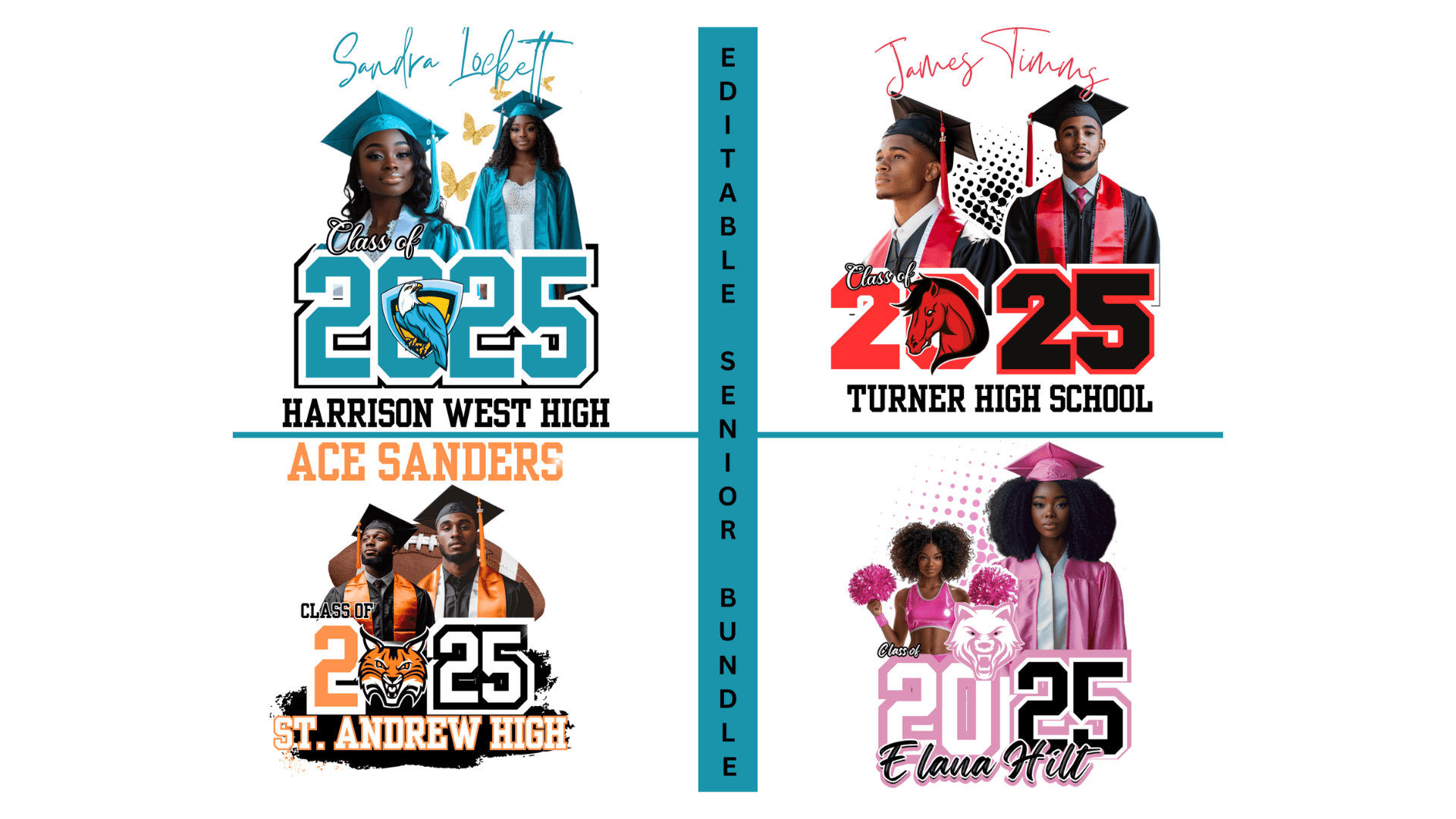 Editable 4pc Grad T-Shirt Bundle (Center Print)
