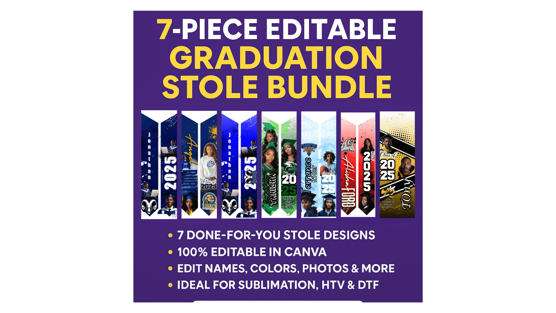 7-Piece Editable Graduation Stole Bundle