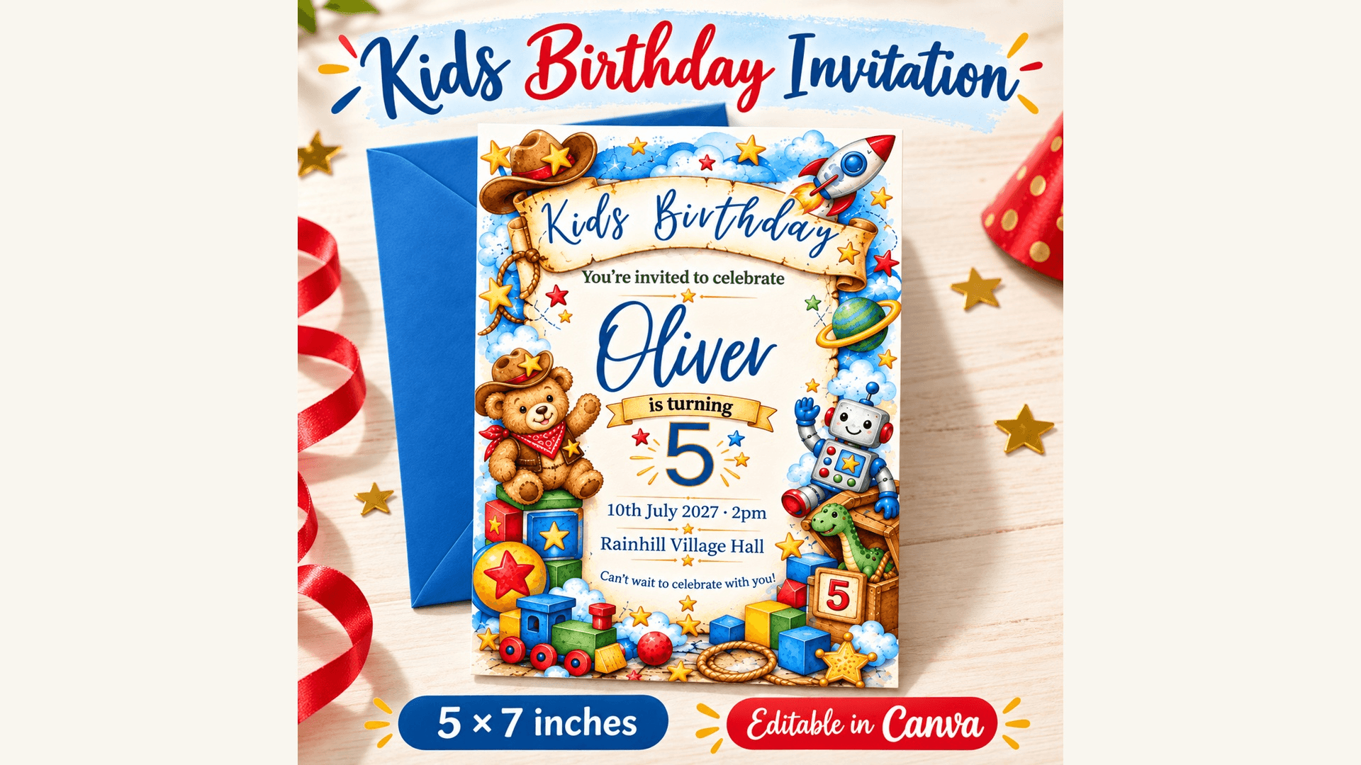 Kids Birthday | Editable 5×7 Canva Invitation