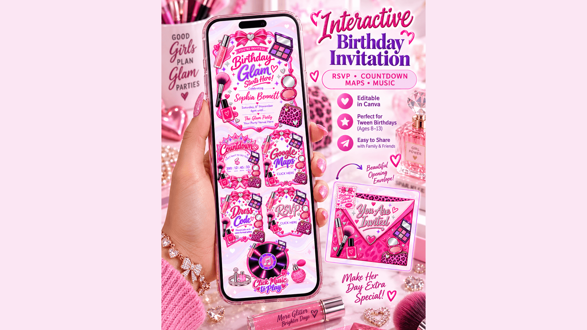Birthday Glam | Interactive Canva Invitation