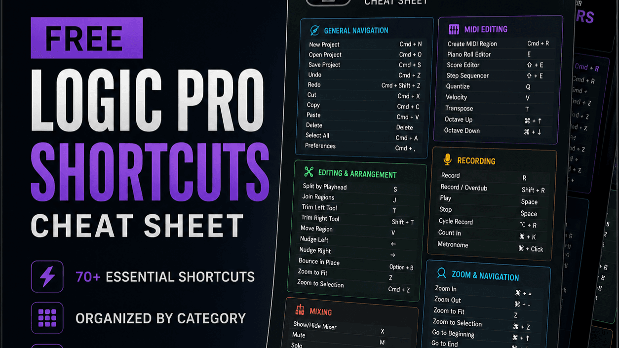  🔐Free Logic Pro Keyboard Shortcuts Cheat Sheet