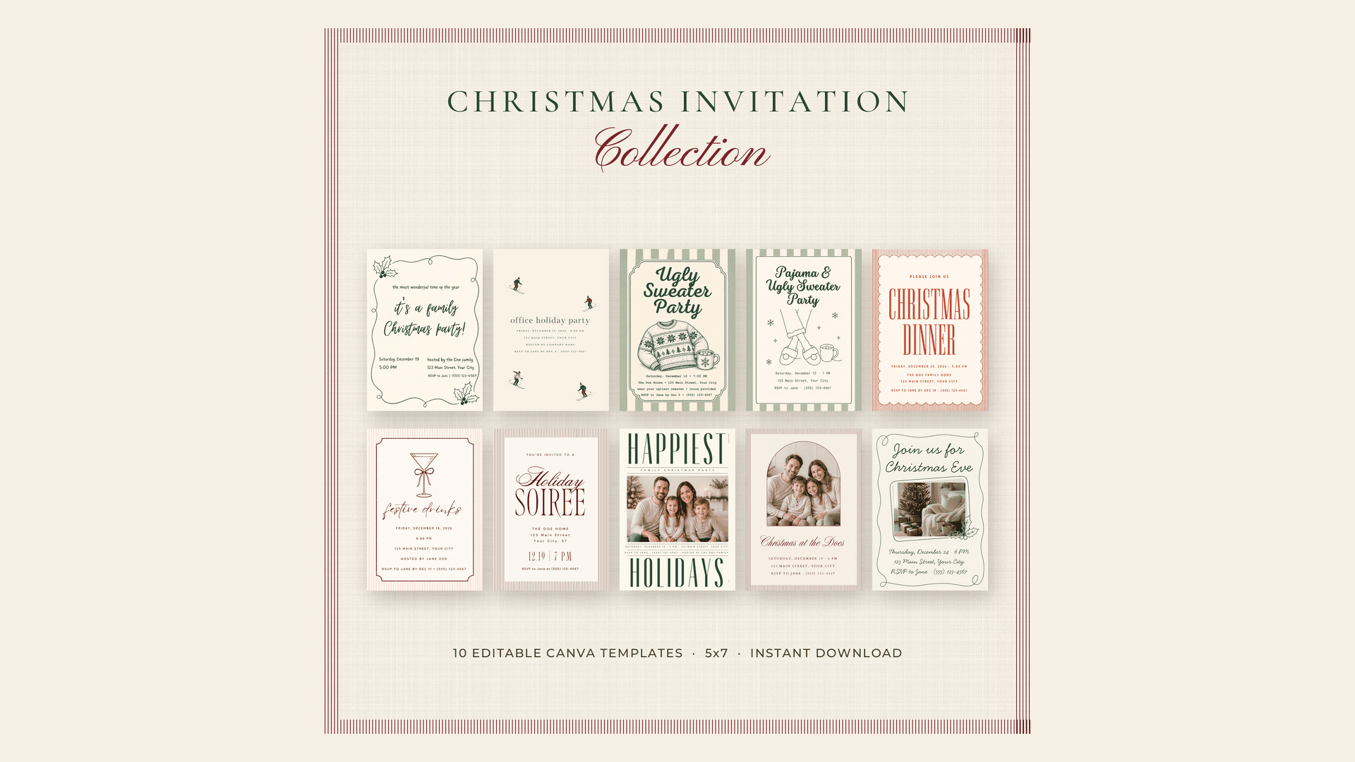 Christmas Invitation Bundle, 10 Canva Templates