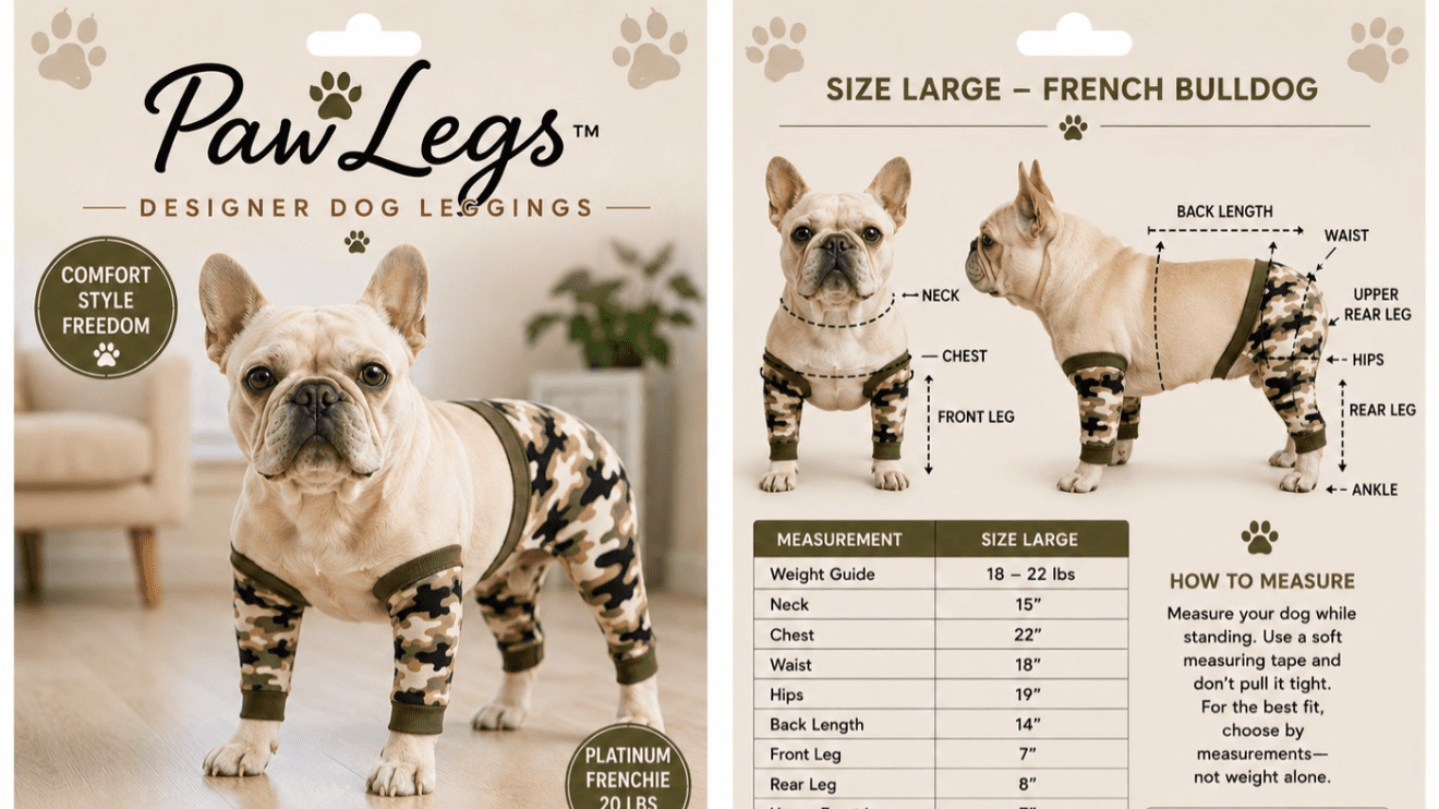 PAWLEGS CAMOUFLAGE "FRENCHIE LARGE 18-20 LB! 