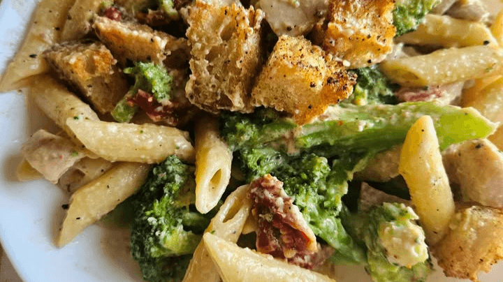 Cheesy Chicken Pasta & Homemade Croutons