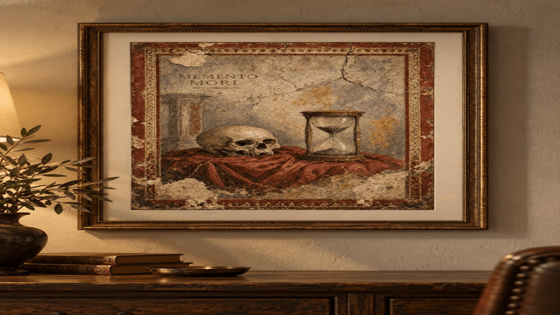 Memento Mori — Skull & Hourglass Roman Fresco Art