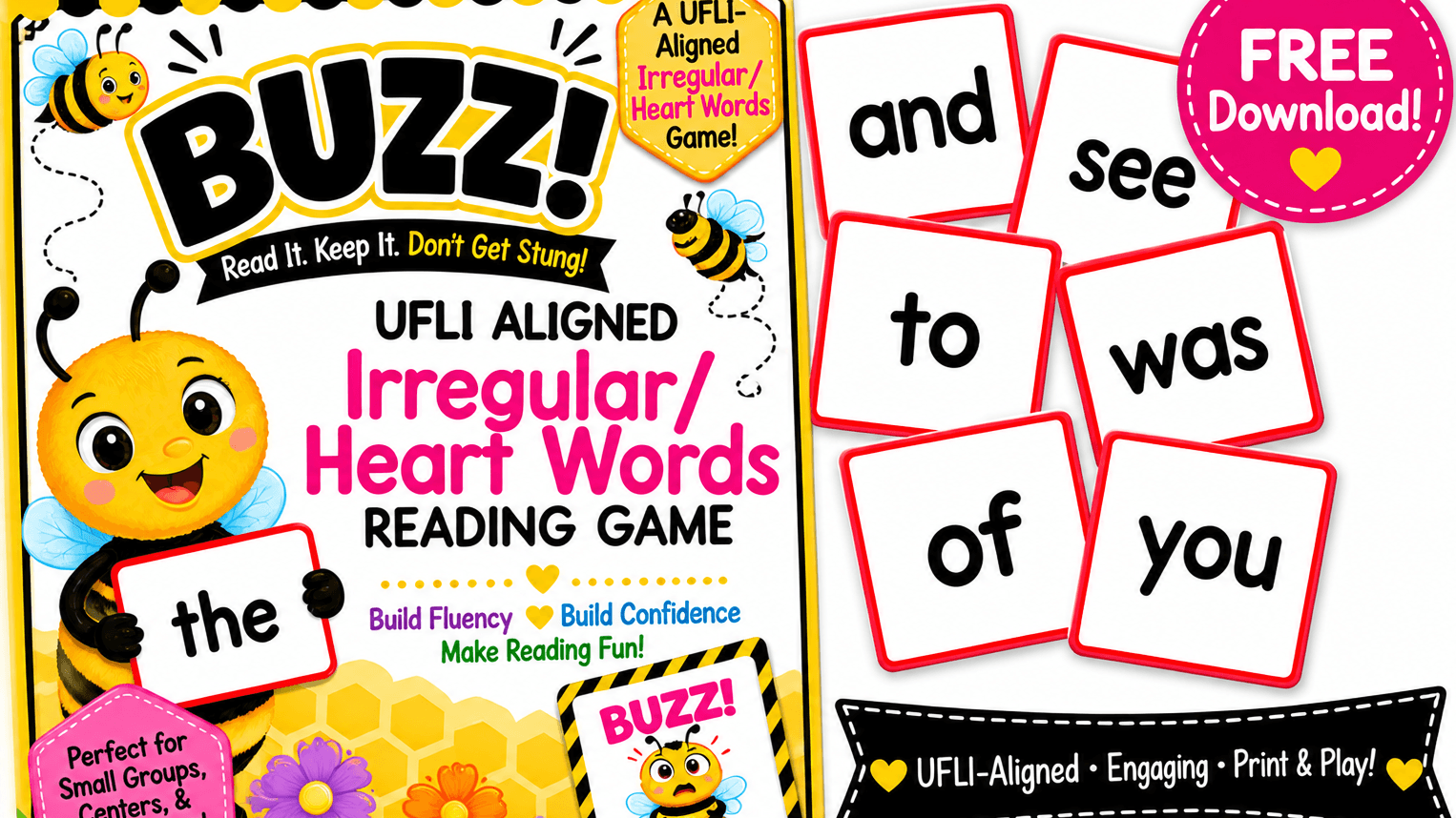 🐝 FREE BUZZ! Irregular/Heart Words Reading Game