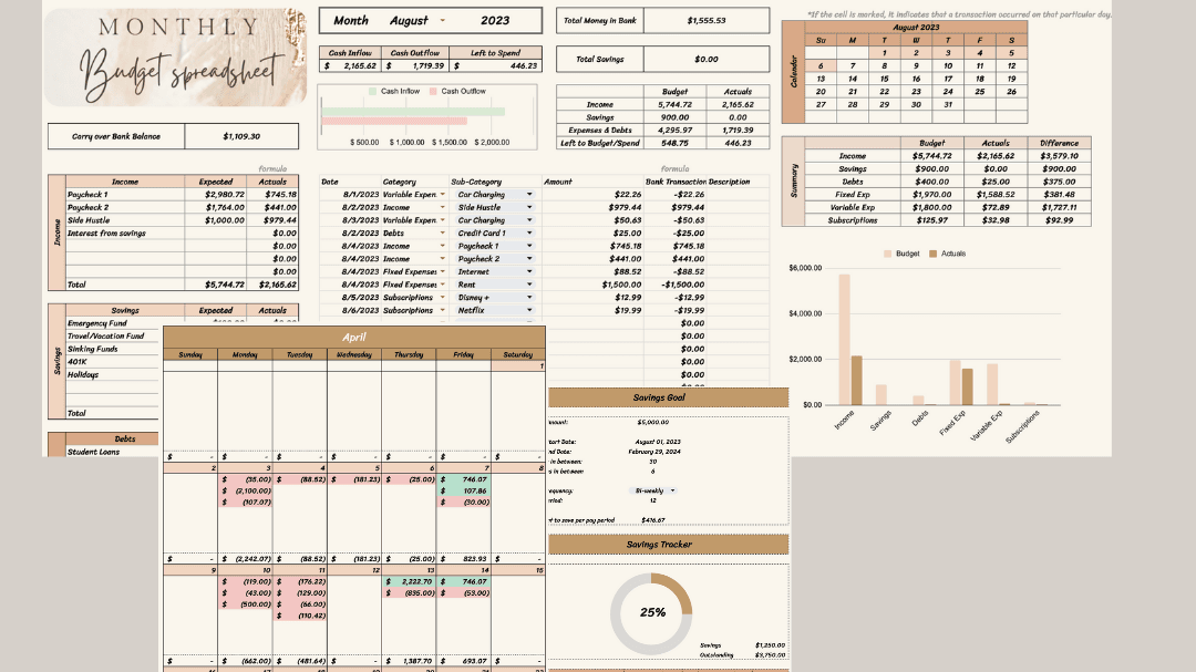 Monthly Budget Template with Calendar