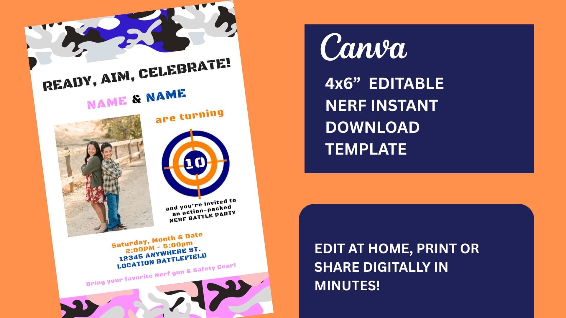Editable Nerf Party Invite (4x6”) – Canva Template