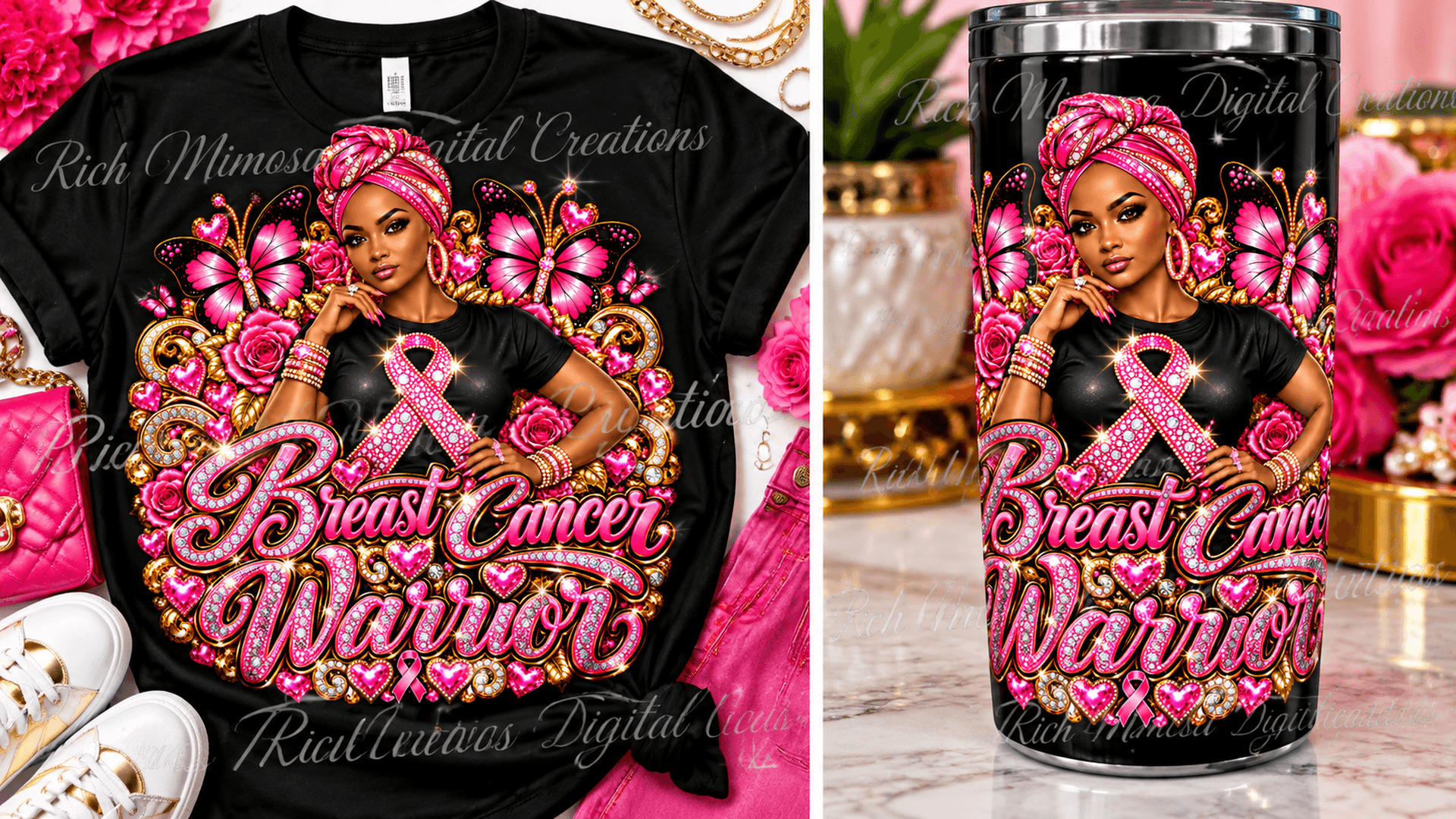 Black Woman Breast Cancer Bling PNG + PLR