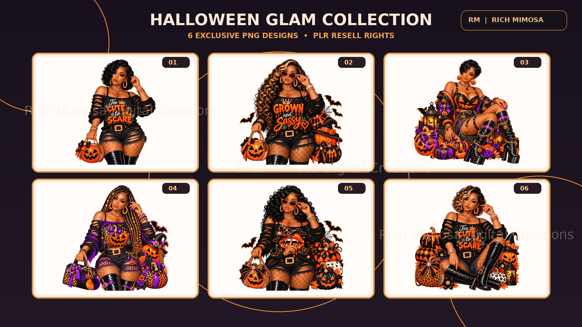 6 Black Woman Halloween PNG Bundle + PLR Rights