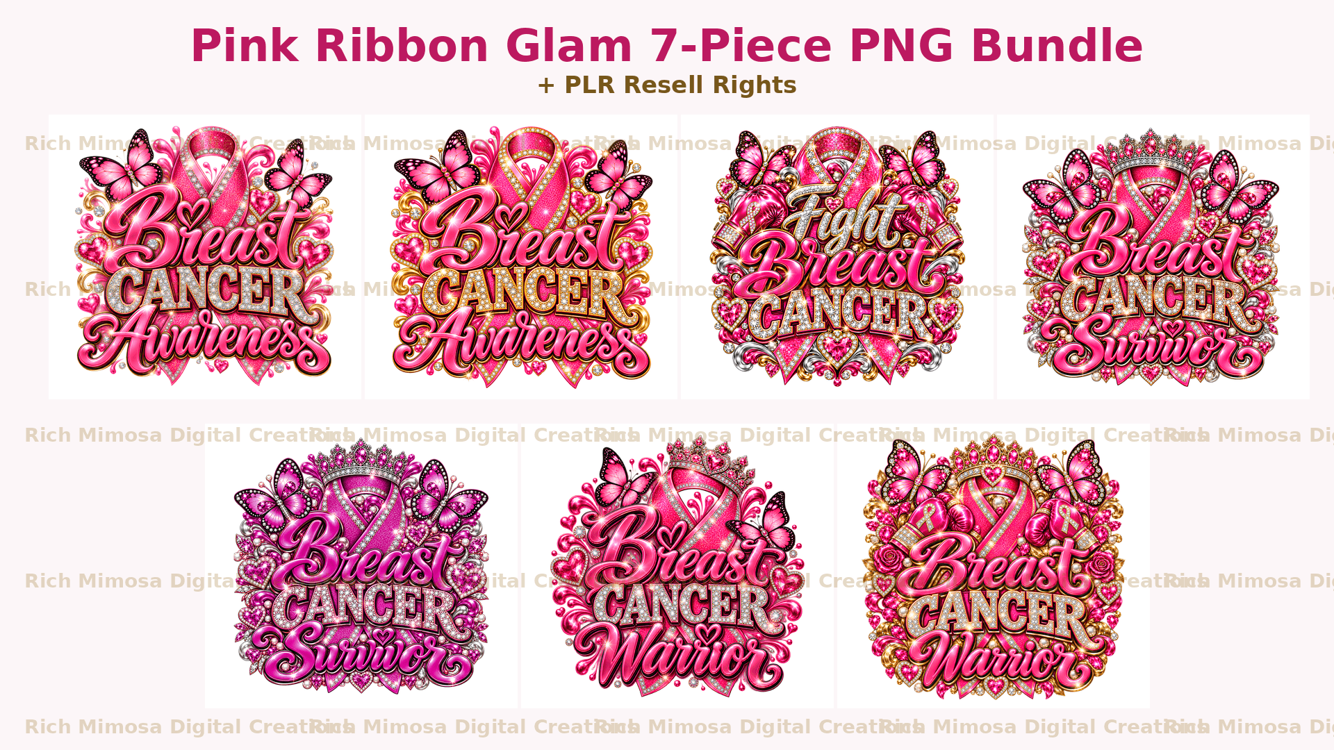 Pink Ribbon Glam 7-Piece PNG Bundle + PLR Resell
