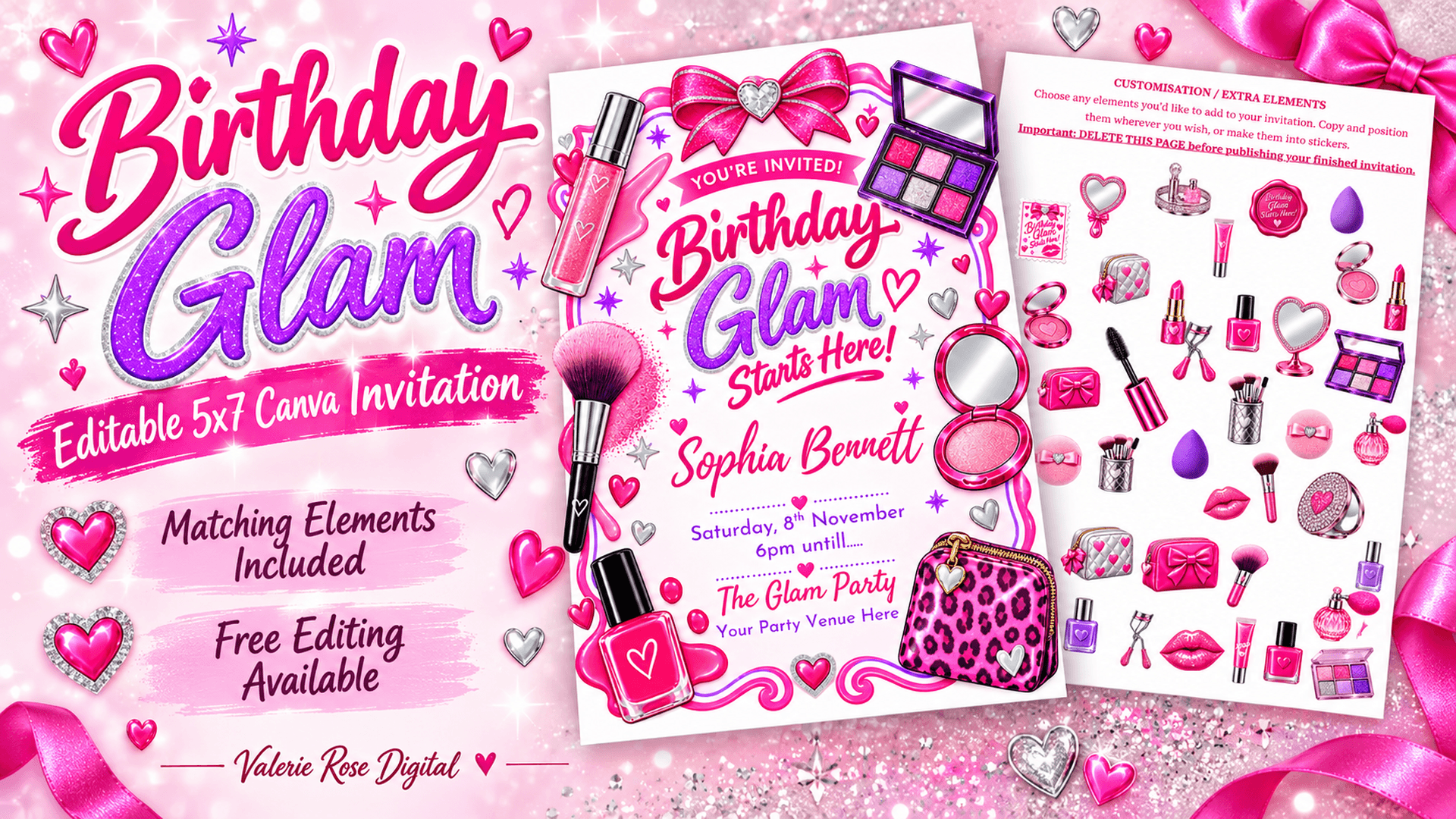 Birthday Glam | Editable 5x7 Canva Invitation