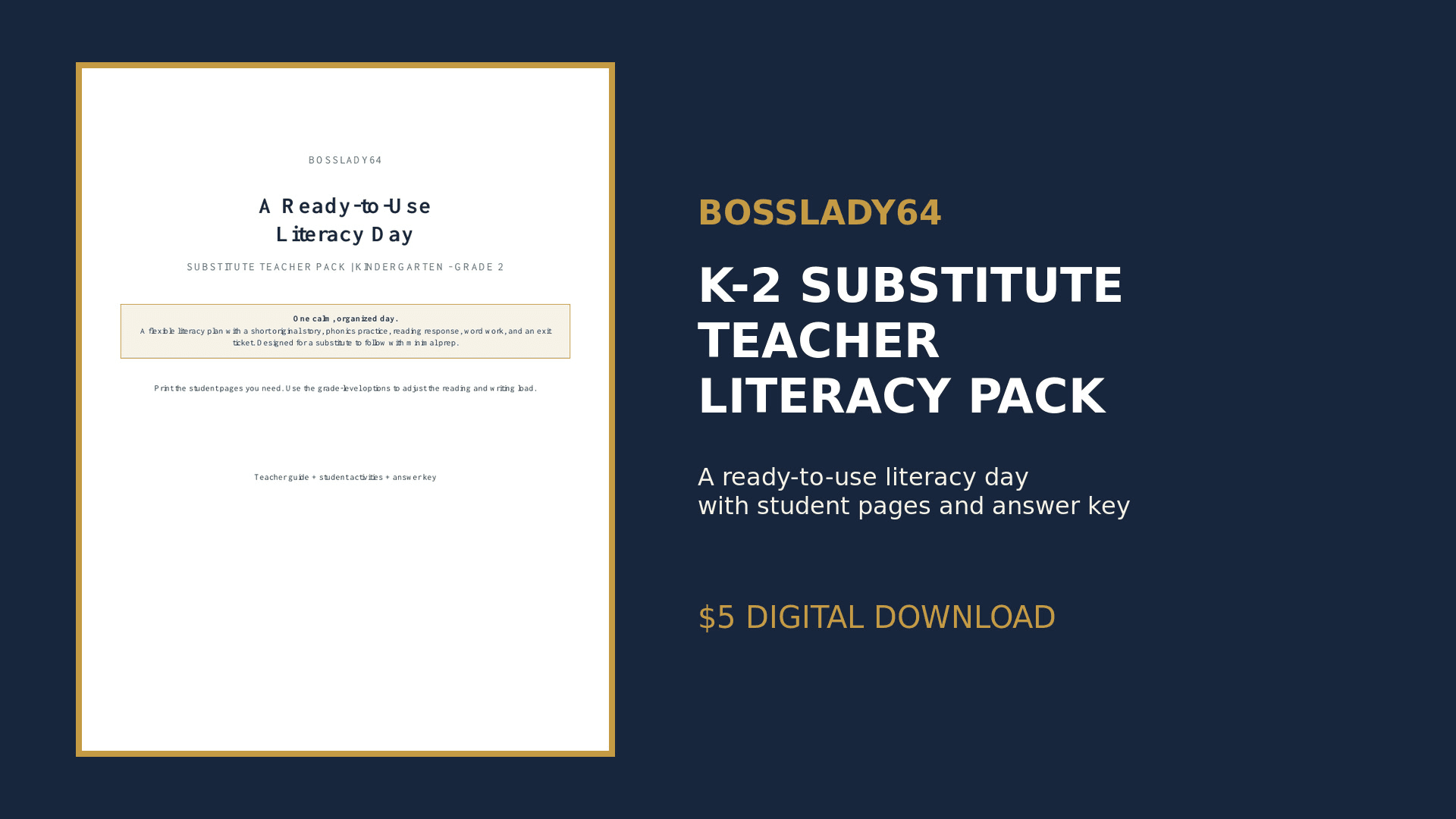K-2 Substitute Teacher Literacy Pack