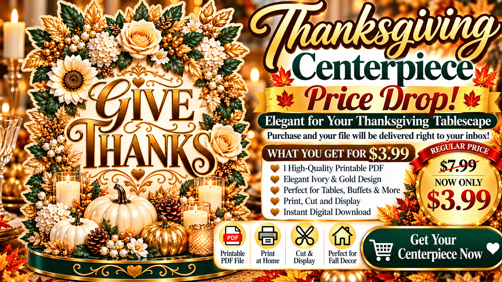 Elegant Ivory & Gold Give Thanks Centerpiece