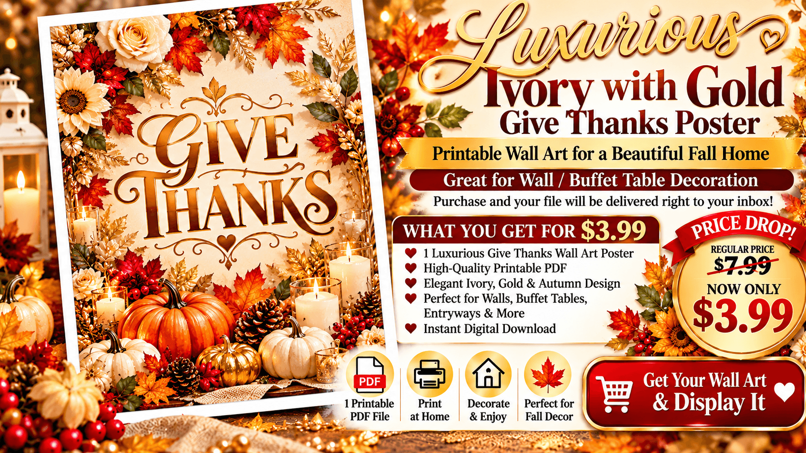 Luxurious Ivory & Gold Give Thanks Wall Art