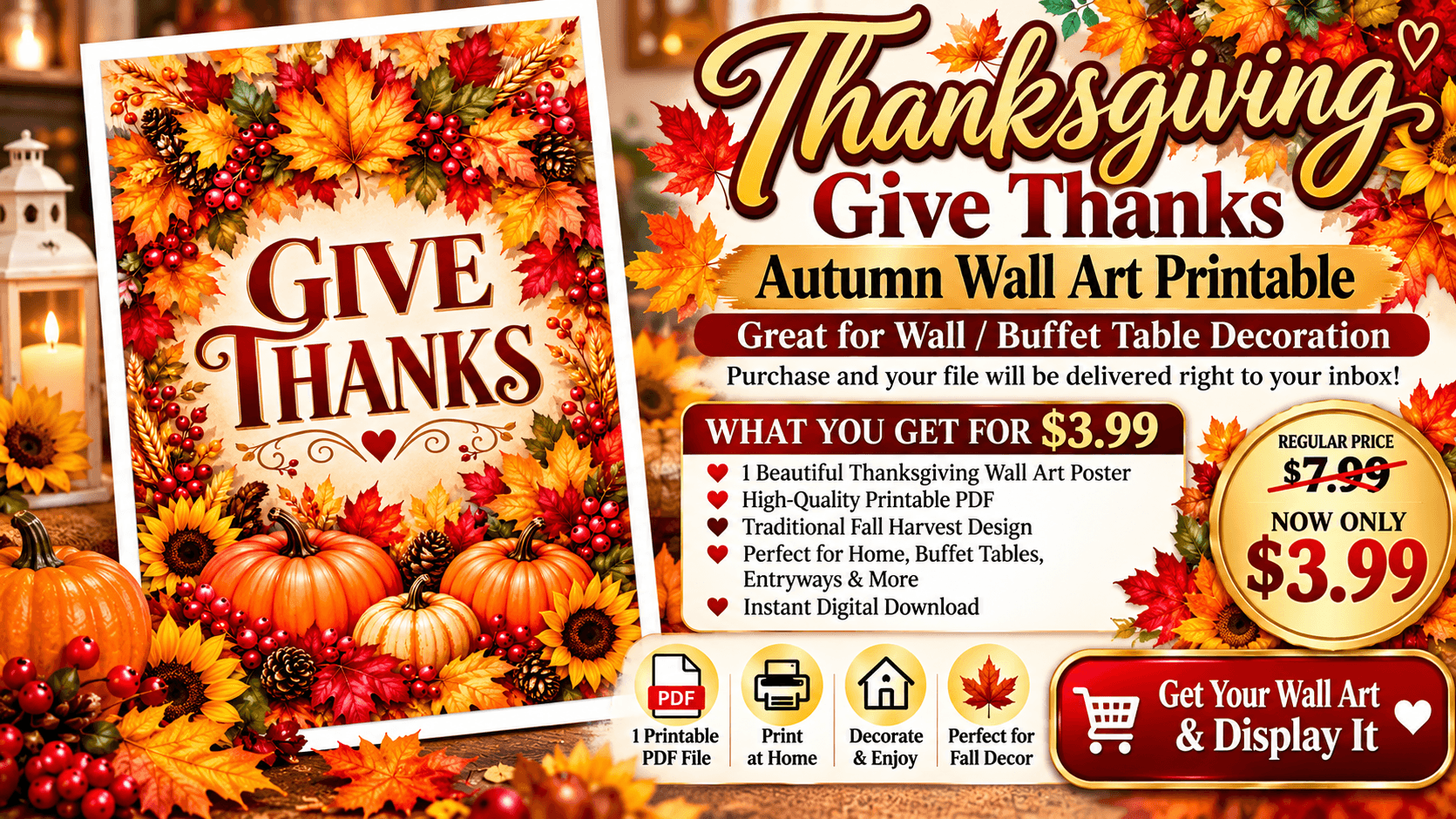Thanksgiving Give Thanks Autumn Wall Art Printable