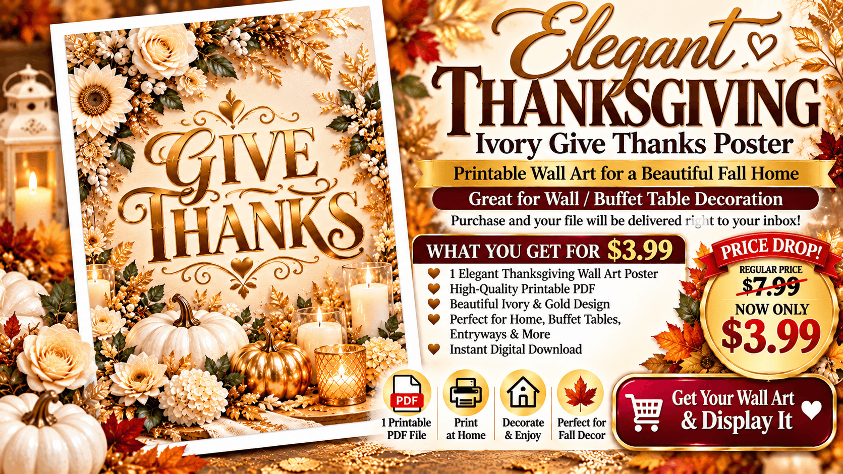 Elegant Thanksgiving Ivory Give Thanks Wall Art