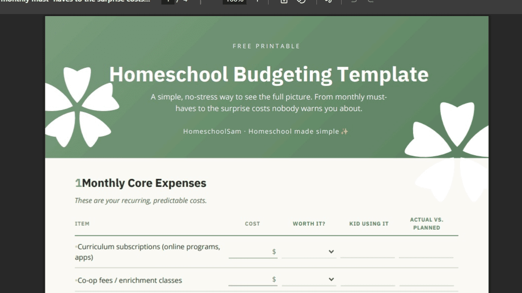 Free Homeschool Budgeting Template