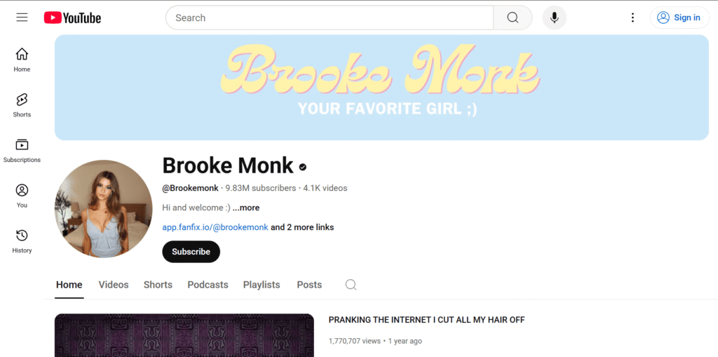 Screenshot of Brooke Monk YouTube page
