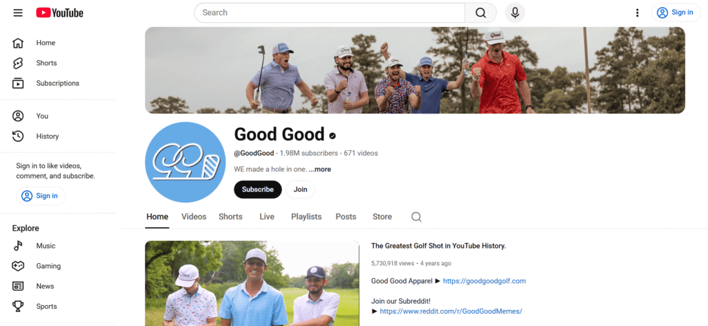A screenshot of Good Good Golf's YouTube page.