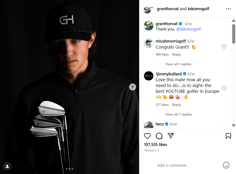 A screenshot showing the announcement of Grant's collab with Takoma Golf on Instagram.  