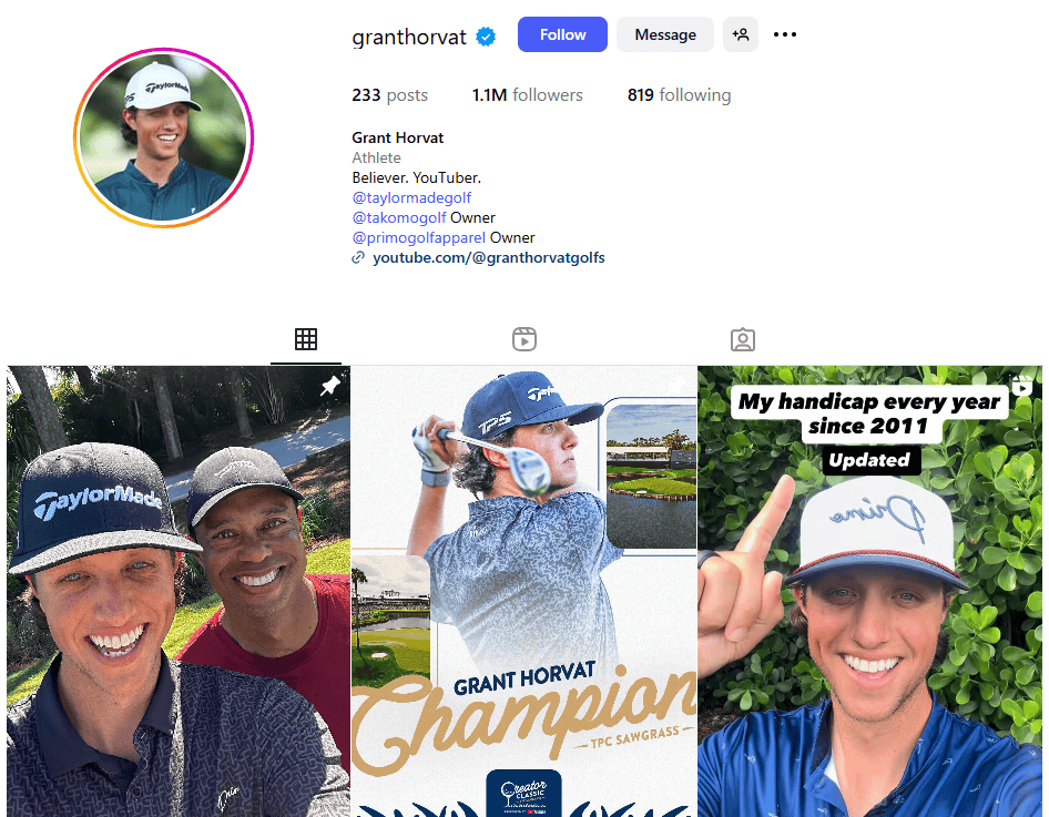 A screenshot of Grant Horvat's Instagram page.