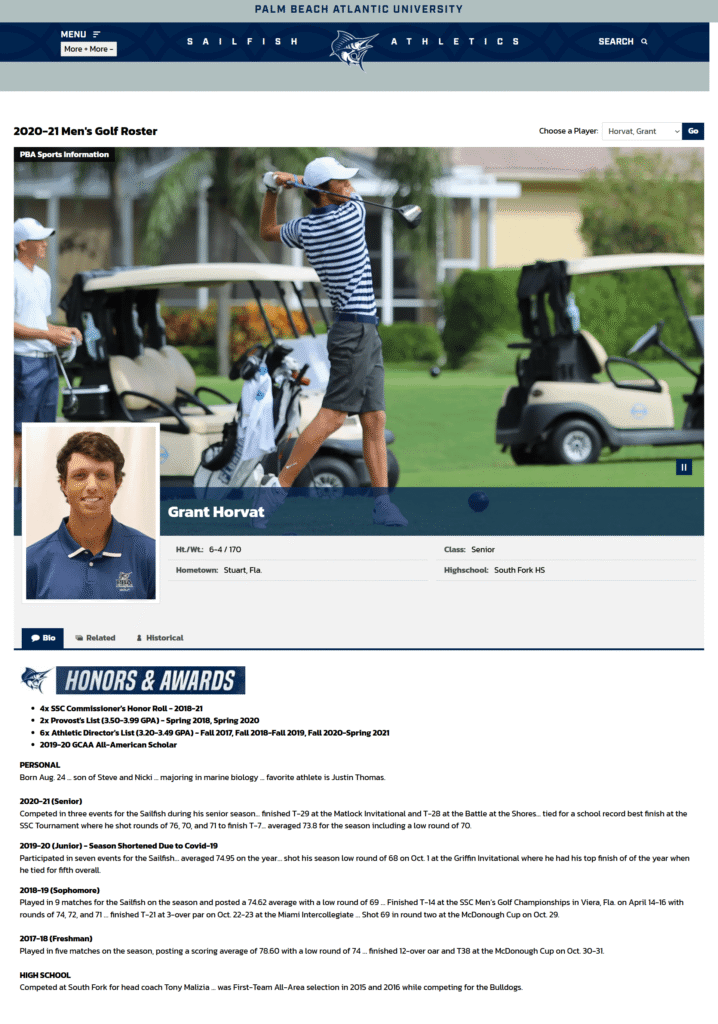 Grant Horvat's bio on the Palm Beach Atlantic University website.