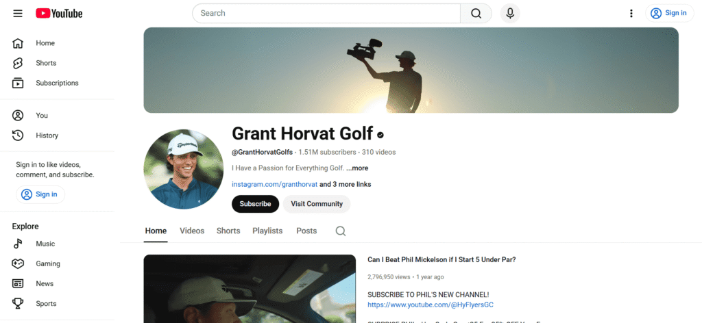 A screenshot of Grant Horvat's YouTube channel.