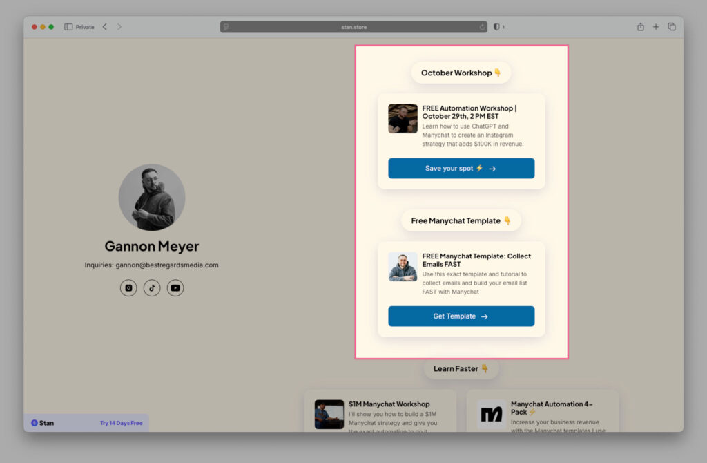 Gannon's Lead magnet: Free Automation Workshop + Free Manychat Template Lead Magnet Example