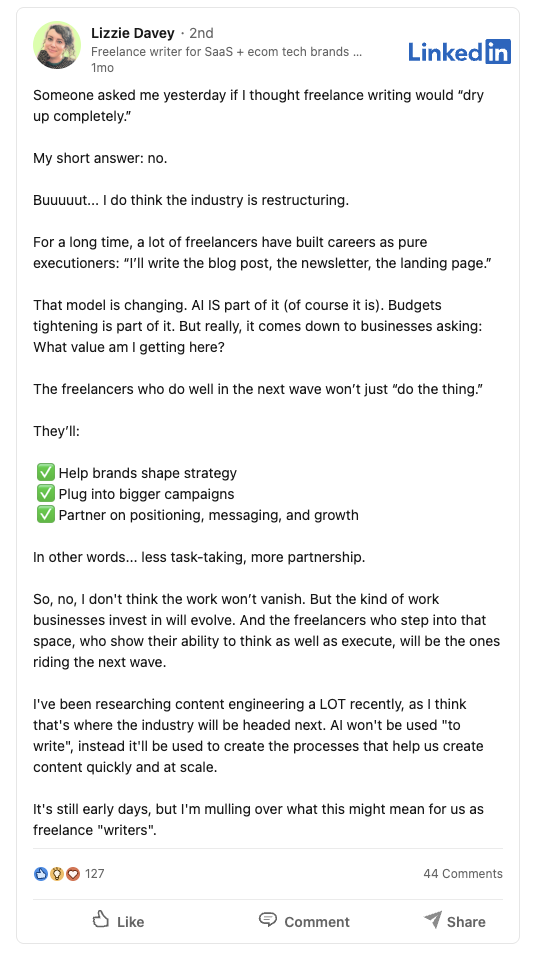Lizzie Davey Linkedin Post example