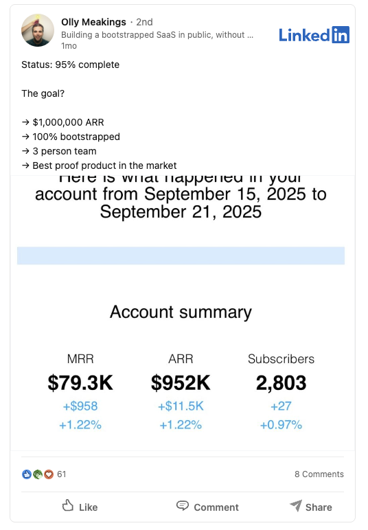 Olly Meakings Linkedin post example