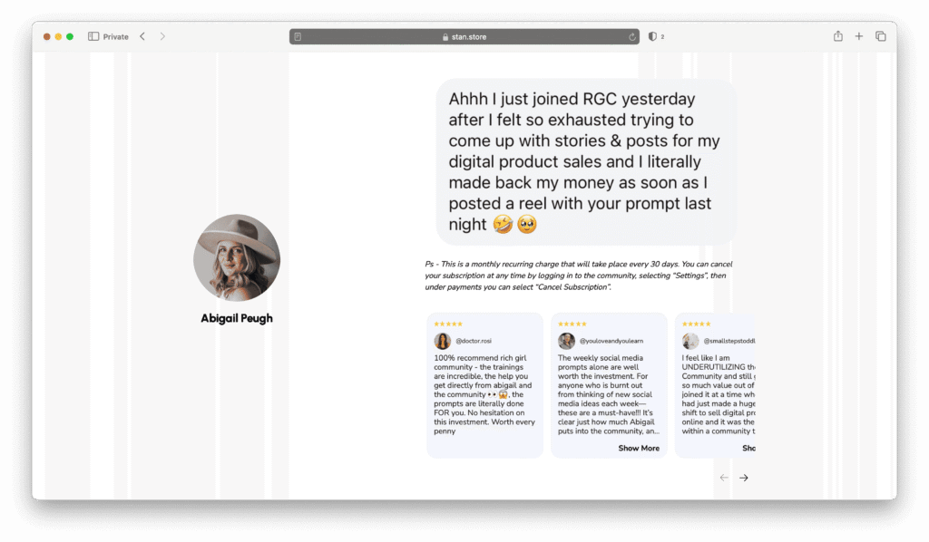 Abigail Peugh sales page example social proof