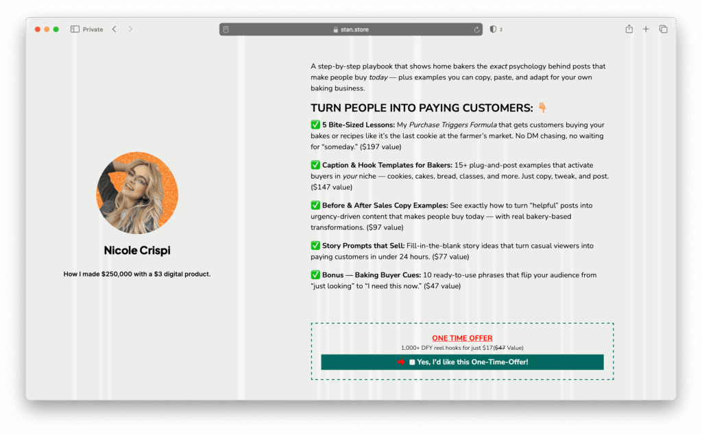 Nicole Crispi sales page example value stacking