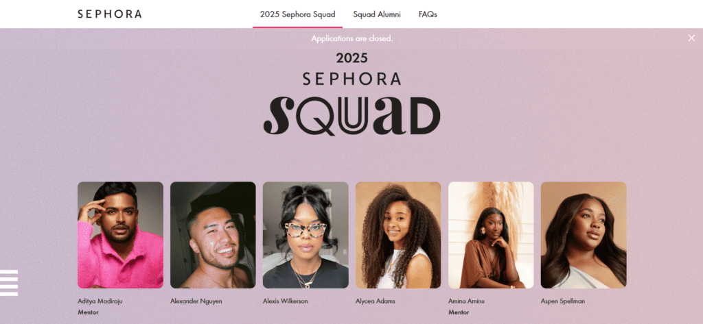 A screenshot of the Sephora Squad list for 2025.