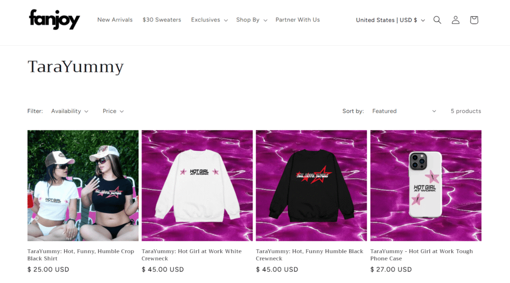A screenshot showing Tarayummy’s merchandise on Fanjoy.