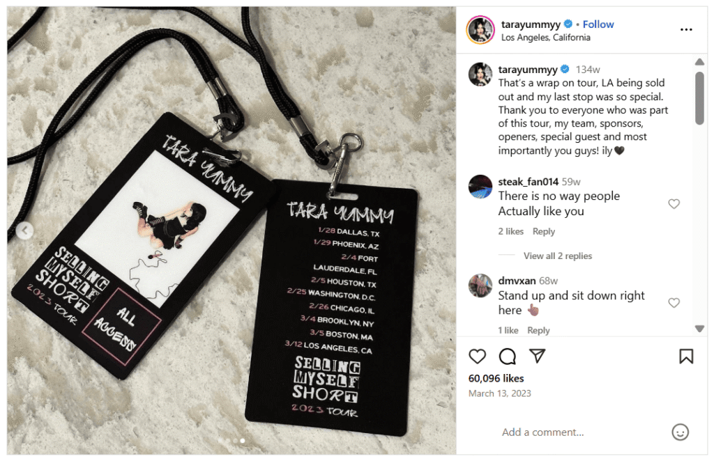 A screenshot of Tarayummy's Instagram post from 2023 mentioning her LA tour.