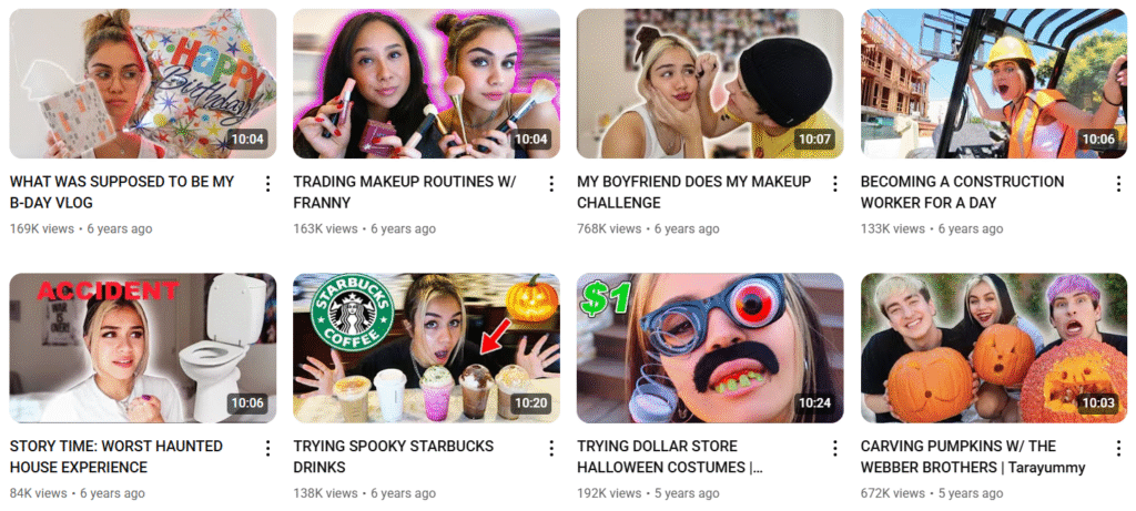 A screenshot showing Tarayummy’s older YouTube content.