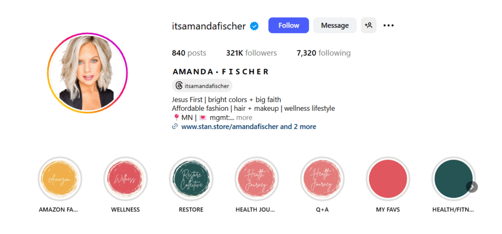 A screenshot of Amanda Fischer's Instagram profile.