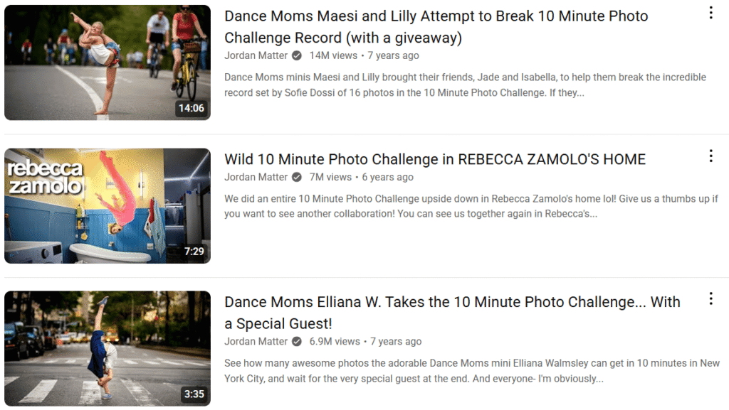 A screenshot from Jordan Matter’s YouTube page showing episodes of the 10-Minute Photo Challenge series.