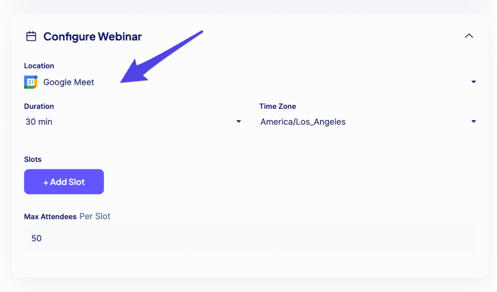 Google Meet integration within Stan showing webinar time configuration settings.