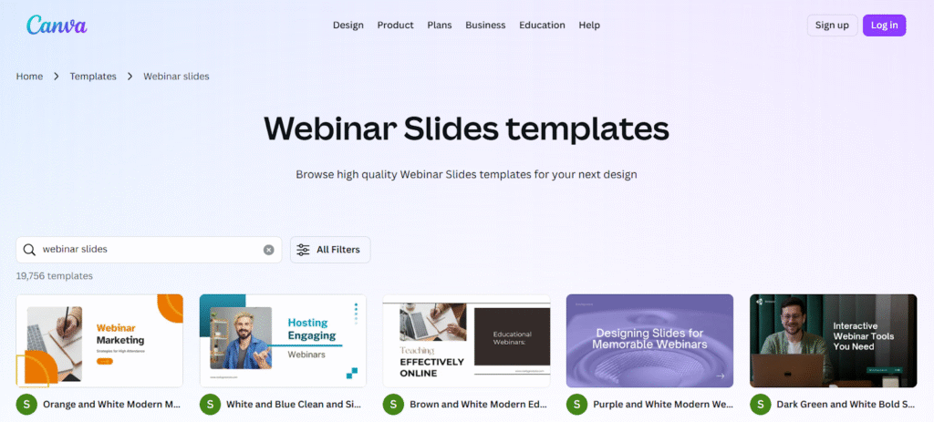 Canva interface displaying customizable webinar slide templates.
