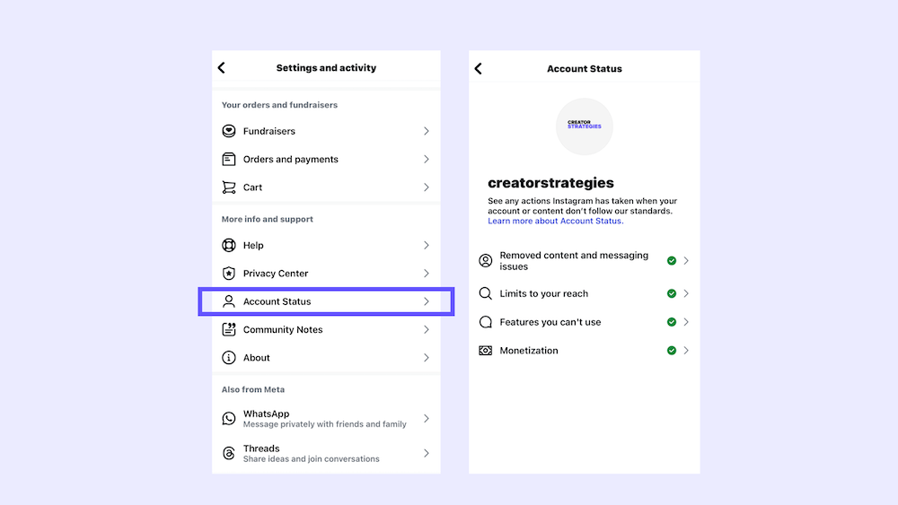 Account status example creator strategies