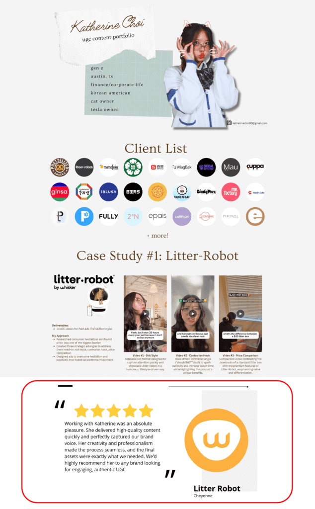 A screenshot of UGC creator Katherine Choi’s portfolio.