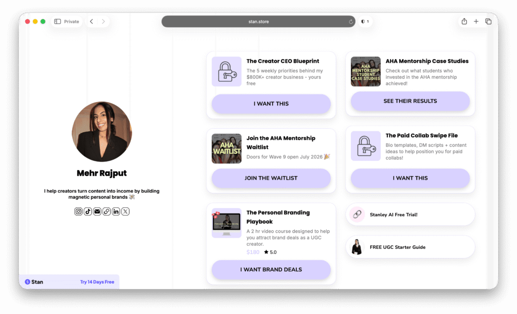 A screenshot of Mehr Rajputs Stan Store as a UGC Creator
