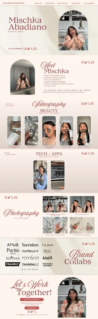 A screenshot showing UGC creator Mischka Abadiano's portfolio.