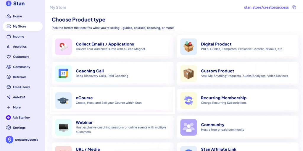 A screenshot of the Stan dashboard showing the different digital product types creators can sell.