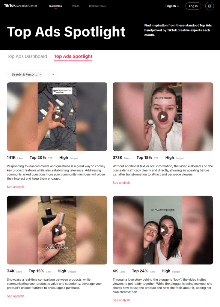 A screenshot showing the TikTok Creative Center.